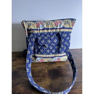 Vera Bradley Quilted Shoulder Bag Blue Floral Cotton Purse Zip Top